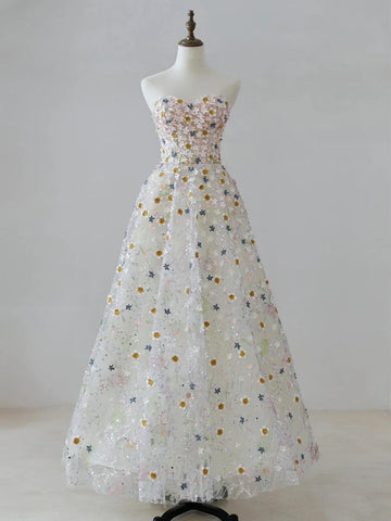 A Line Sweetheart Neck Tulle Lace Flower Long Prom Dress Formal Dress HZ1023